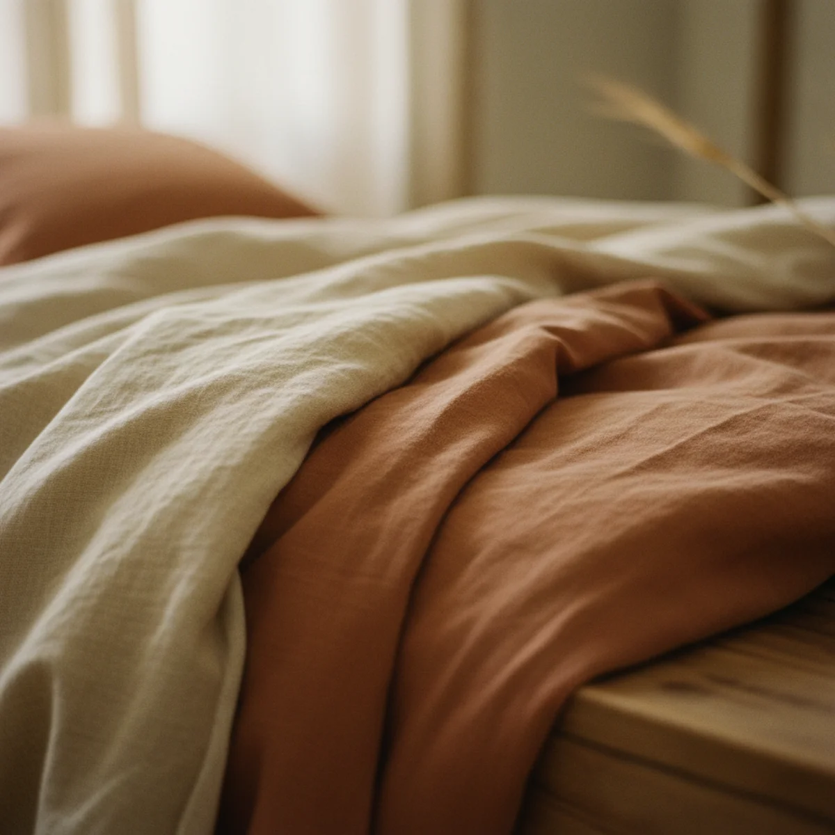 Winter decor — bed made with flannel sheets, heavier washed linen duvet cover in oat tone, and wool throw at foot of bed in a warm winter bedroom — Home Decor Aura