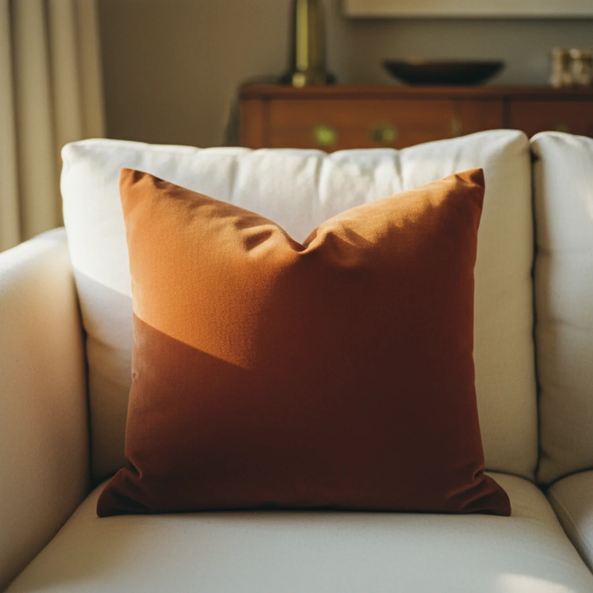 Winter decor — sofa with mixed linen and boucle cushions plus one terracotta velvet cushion and velvet throw over the arm in a warm winter living room — Home Decor Aura