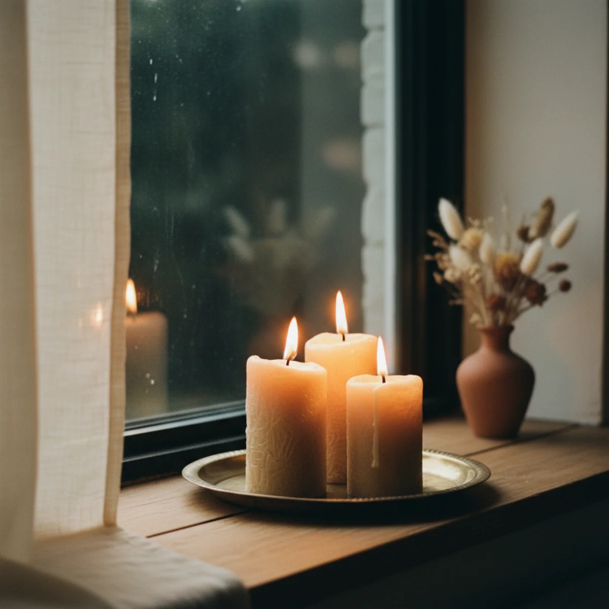 Winter decor — cluster of five candles including pillars and votives grouped in a windowsill of a warm winter living room with the dark window reflecting double the candle glow — Home Decor Aura